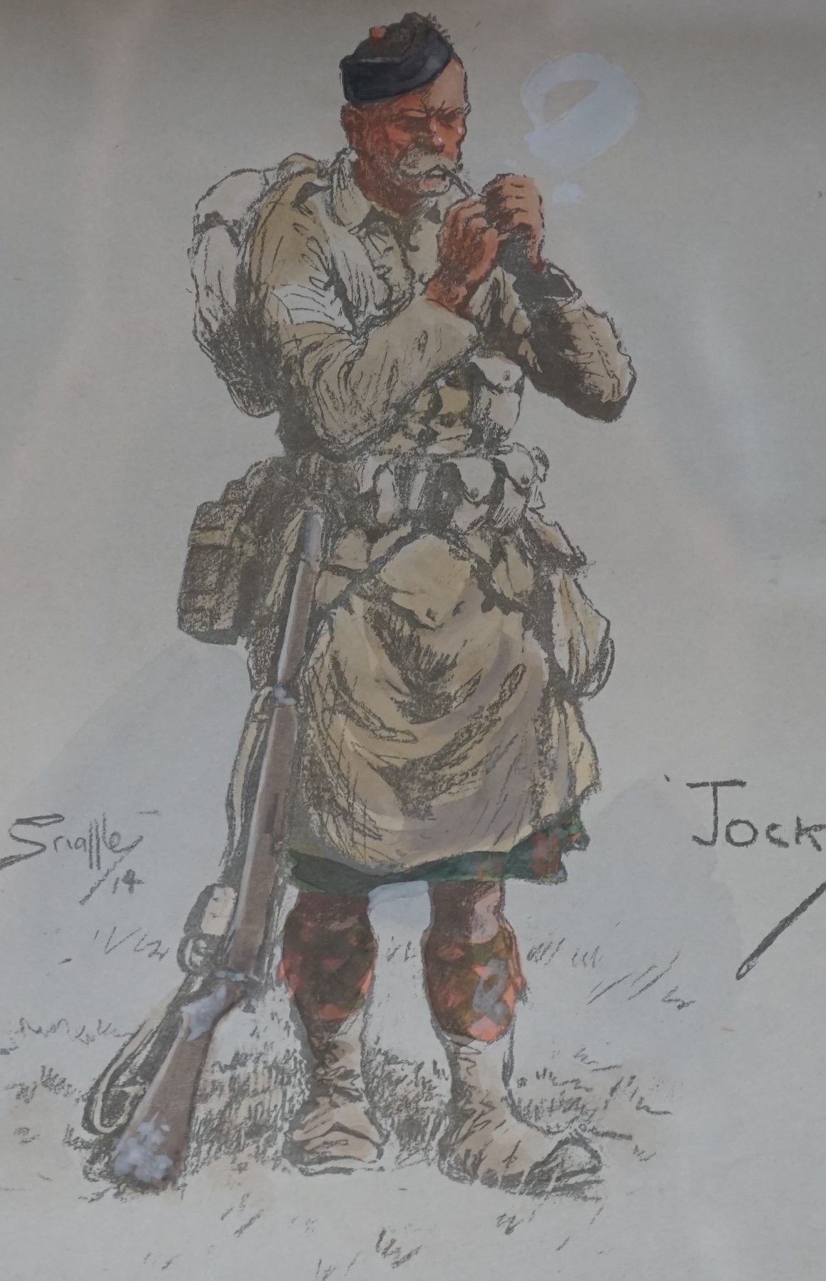 Charles Johnson Payne ‘Snaffles’ (1884-1967), four coloured prints, 'The Cameron’s’, signed in pencil, 'The Camerons, Jock', 'The Gunner' and 'The 92nd [Gordon Highlanders] An impression of Spats and Sporrans', largest 3